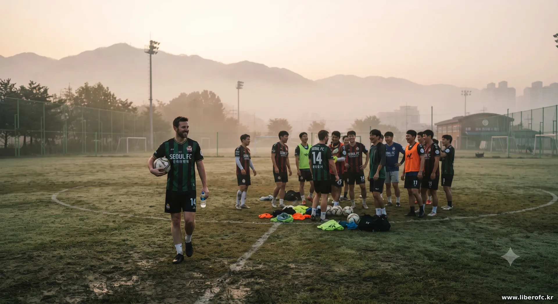 동네 조기축구 구장 전경, 이른 아침 팀원들이 모이는 모습