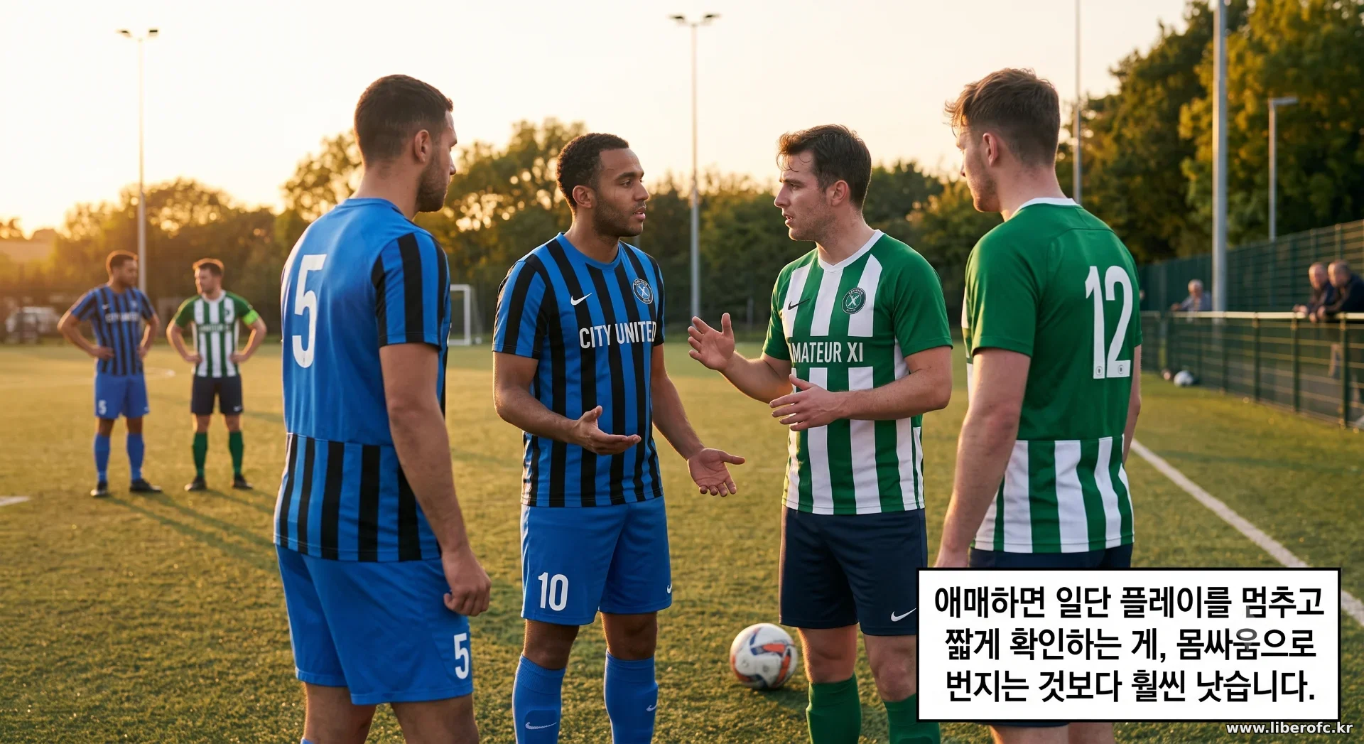 애매한 판정 상황에서 서로 대화로 정리하는 팀원들의 모습