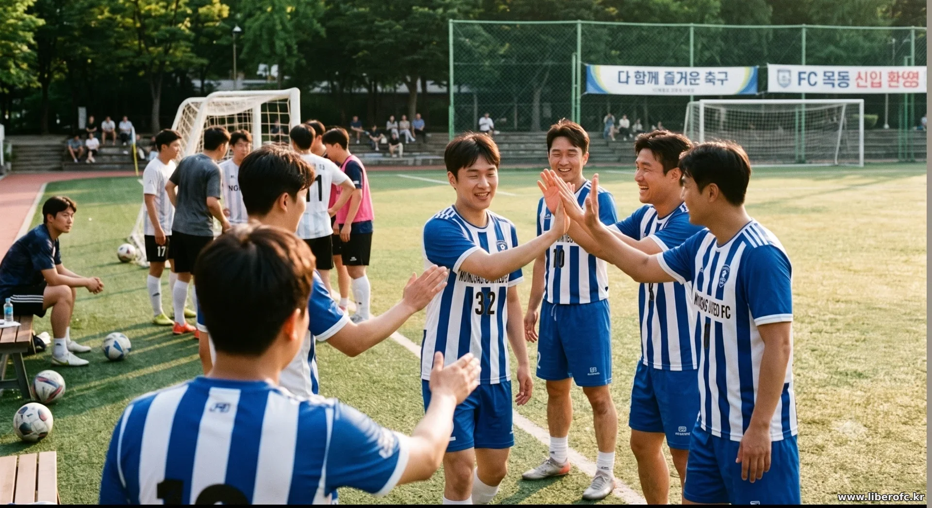 신입 회원이 경기 중반 새로 투입되어 팀원들과 하이파이브하는 모습